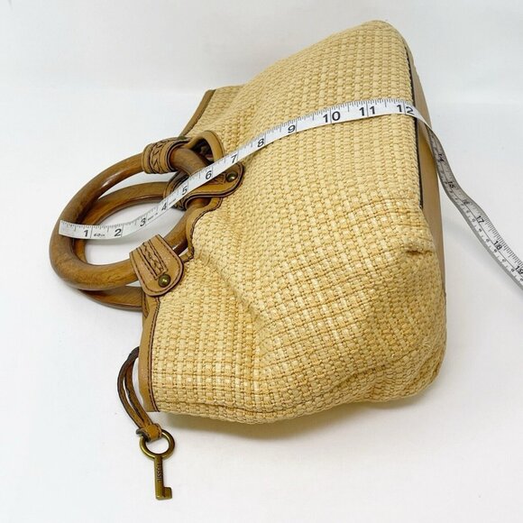 Vintage Fossil Tan Woven Straw Wood Handles Small Satchel Tote Bag Y2K 90’s Boho - Picture 8 of 10
